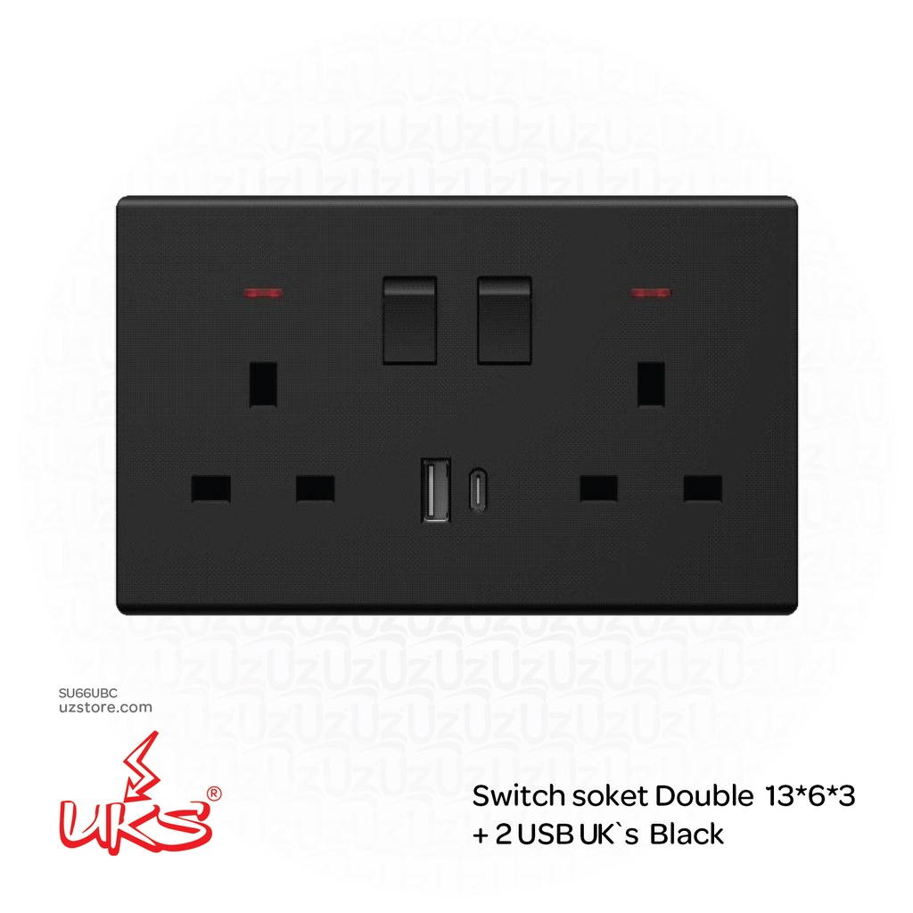 Switch soket Double 13*6*3 USB + Type C  UK`s BKV1522UC Black