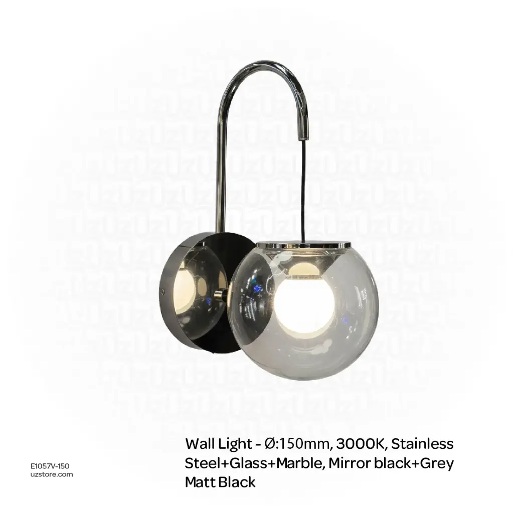 OPTARA Wall Light - Ø:150mm, 3000K, Stainless steel+Glass+Marble, Mirror black+Grey BD33098-150M