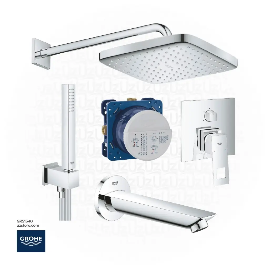 GROHE Concealed Shower Bundle 540 (GROHE Eurocube 3-Mixer +Tempesta 250 Cube  +Bau Cosmopolitan Bath spout+ Euphoria Cube Stick Wall holder set)  
