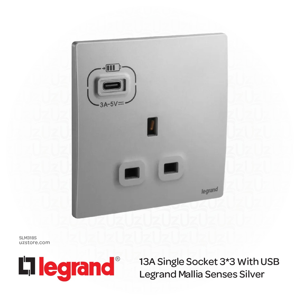 13A Single Socket 3*3 With USB Legrand Mallia Silver