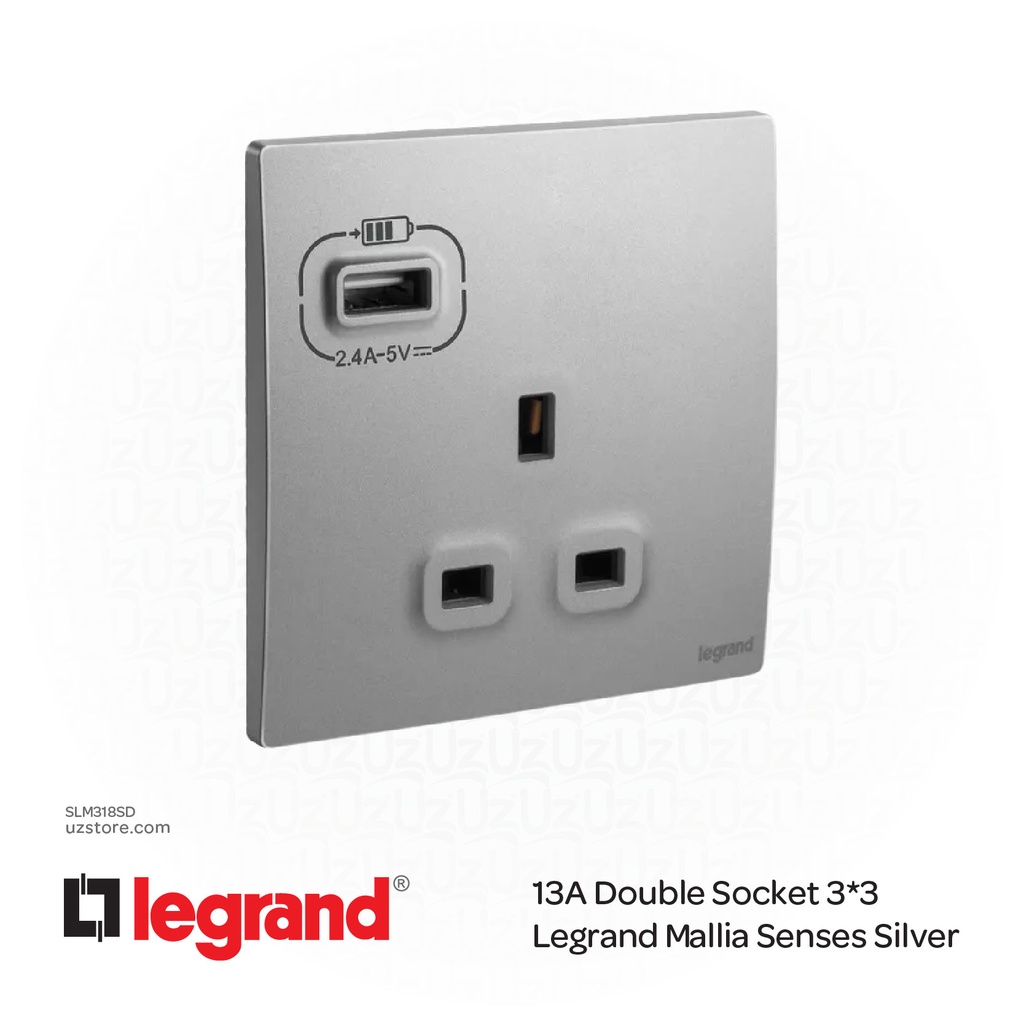 13A Double Socket 3*3 With USB Legrand Mallia Silver