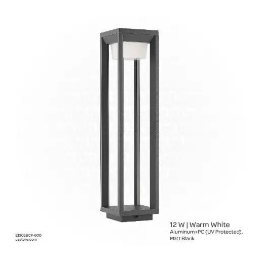 [E1305BCP-600] OPTARA Outdoor Bollard Light - 12WW, 3000-3500K, Aluminum+PC (UV Protected), Matt Black SH-21015PC/600