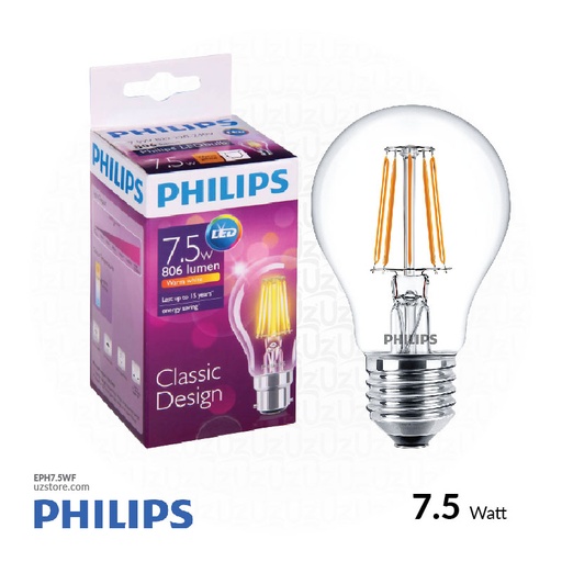 [EPH7.5WF] PHILIPS E27 LED Lamp Bulb Filemental 7.5W , 3000K Warm White 