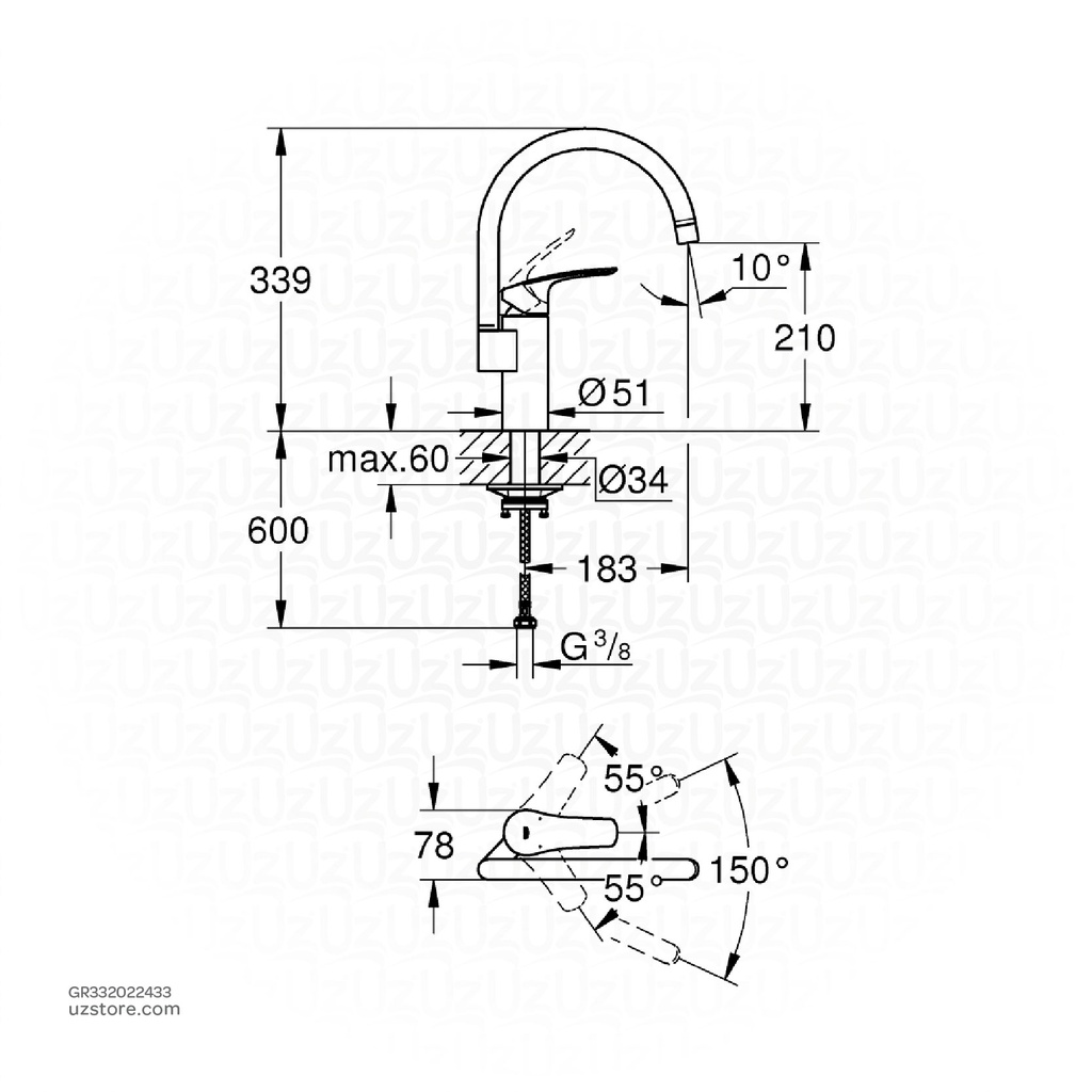 GROHE Eurosmart SLM Kitch High C-Sp 332022433