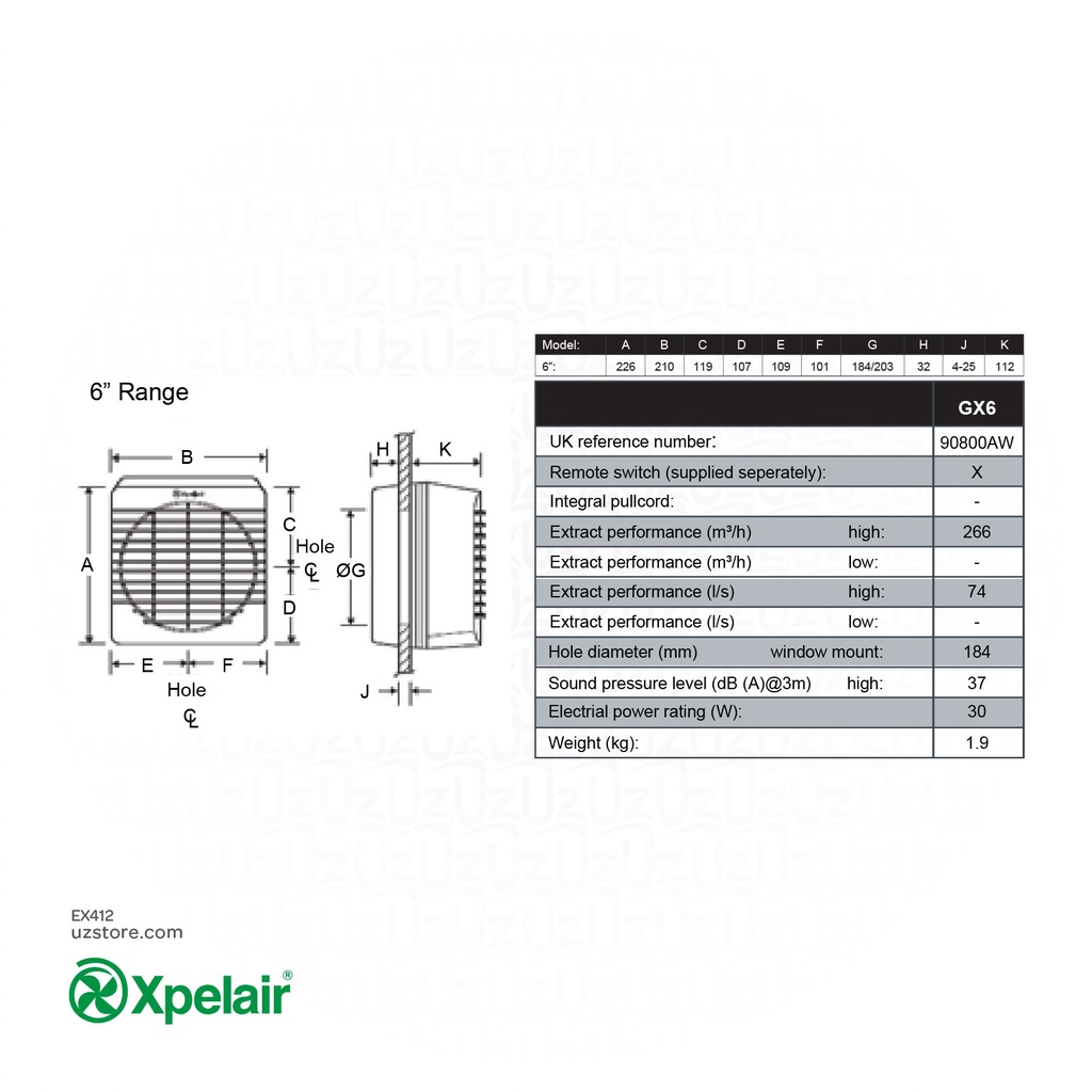 Xpelair GX6EC 6" Window Mounted Extractor Fan (90800AW)