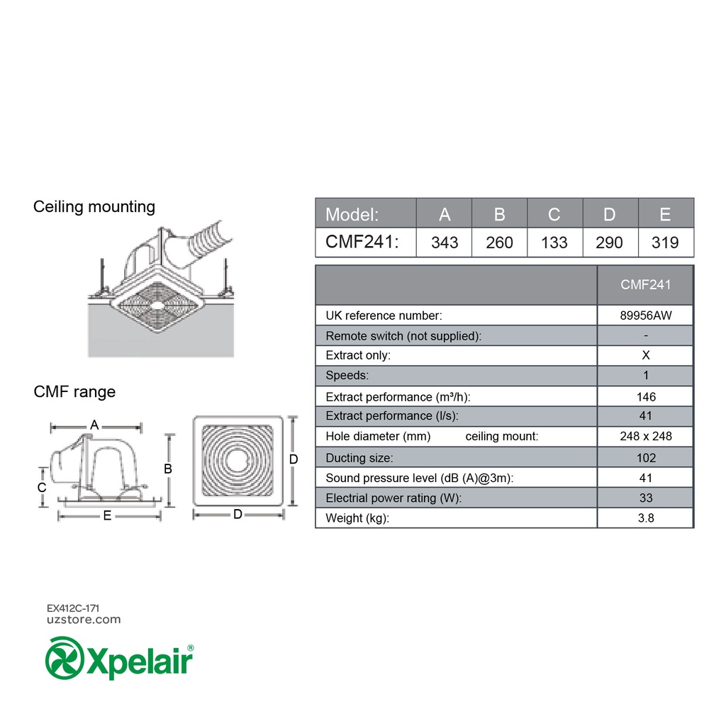 Xpelair CMF241 Ceiling Mount Exhaust Fan (CMF241-89956AW)