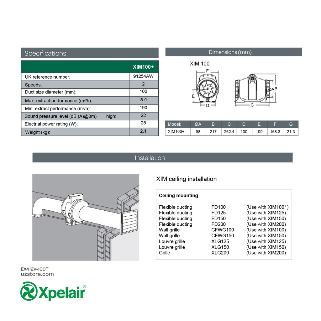 Xpelair XIMX100T 100mm (4") Inline Mixed Flow Fan with Timer