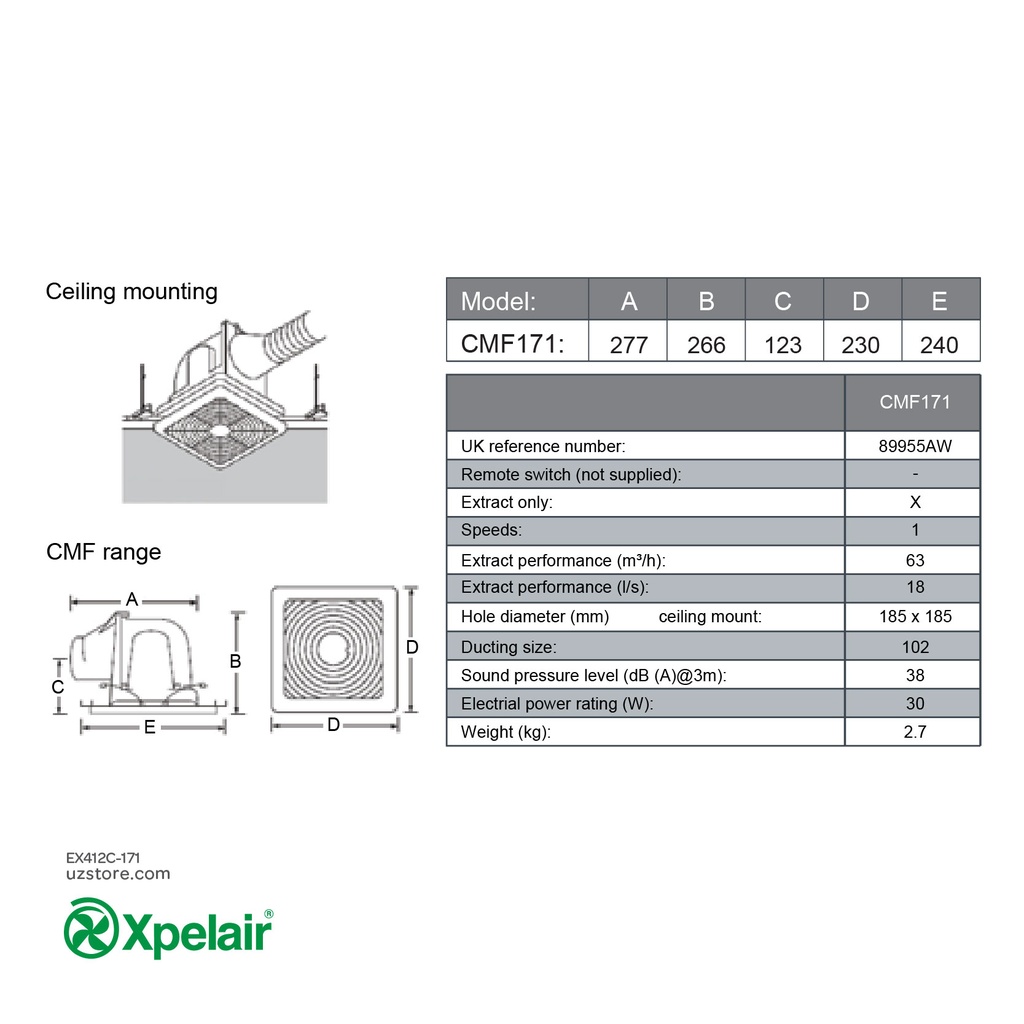 Xpelair CMF171 Ceiling Mount Exhaust Fan (CMF171-89955AW)
