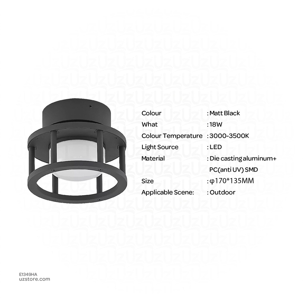 Outdoor LED light, Matt Black, 18W, 3000-3500K, Die casting aluminum+PC(anti UV), SMD, φ170*135MM, SH-202291RD/135