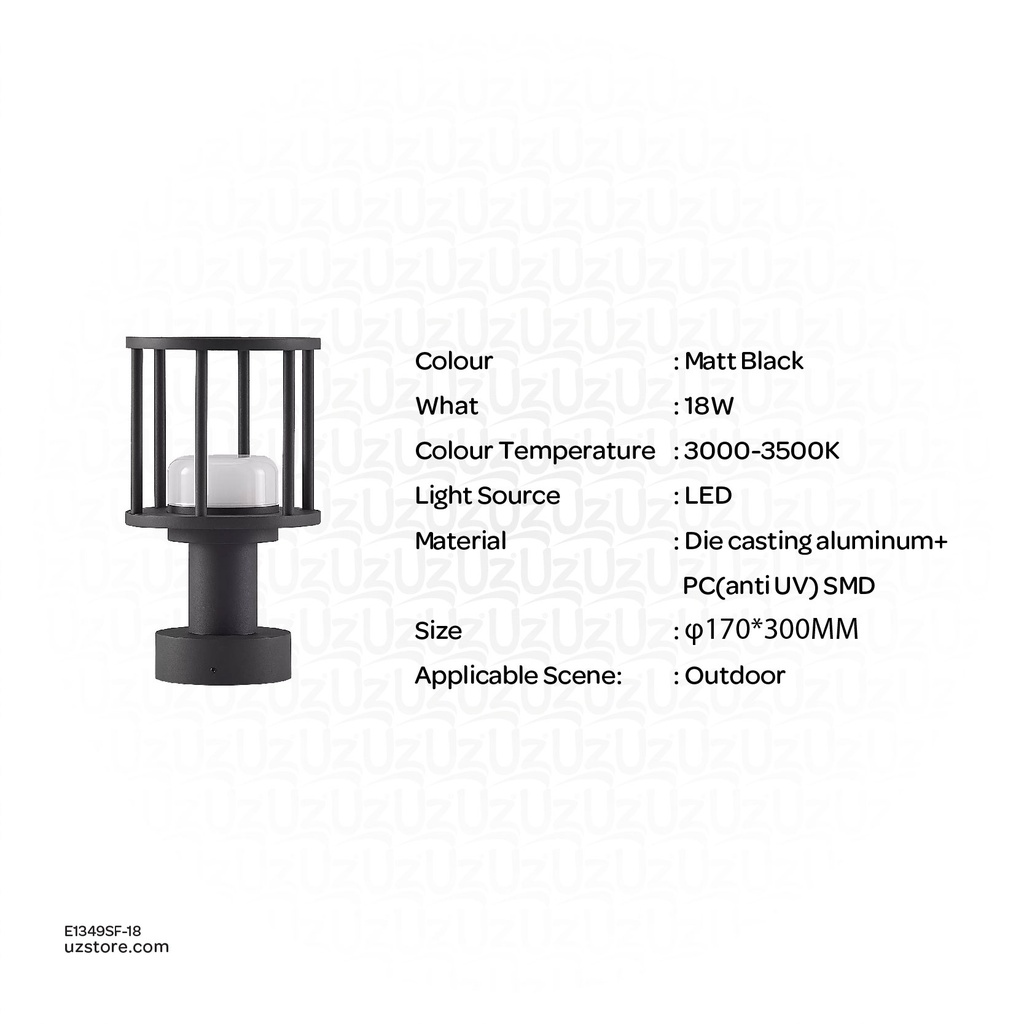 Outdoor LED light, Matt Black, 18W, 3000-3500K, Die casting aluminum+PC(anti UV), SMD, φ170*300MM, SH-202291RD/300