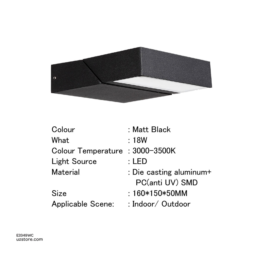 Outdoor LED light, Matt Black, 18W, 3000-3500K, Die casting aluminum+PC(anti UV), SMD, 160*150*50MM, SH-W21068-SMD