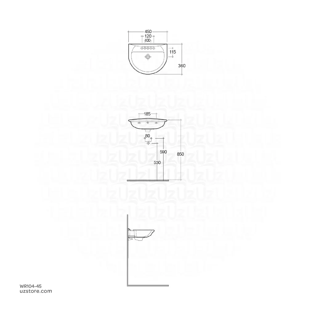 uzstore RAK Ceramic Karla Wall mounted Wash Basin 45 CM KR2002AWHA WR104-45-02.webp