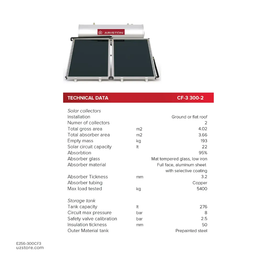 uzstore ARISTON  Thermosyphon Kairos Thermo CF-3 Water Heater, Solar System 300Ltr , CF-3_E 300-IT  3022340  E256-300CF3-04.webp