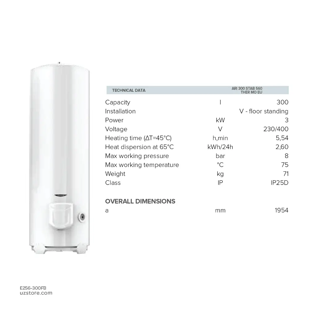 uzstore ARISTON ARI STAB Electric Water Heater, Floor Standing ,300Ltr ,3 kW,  3000619 Belgium , ARI 300 STAB, 230 240V  E256-300FB-01-03.webp