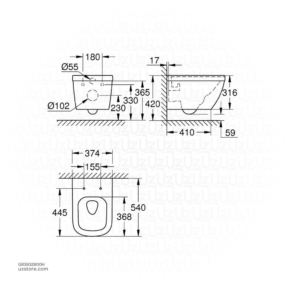GROHE Euro Ceramic Wall hung WC with PureGuard , 3932800H , alpine white