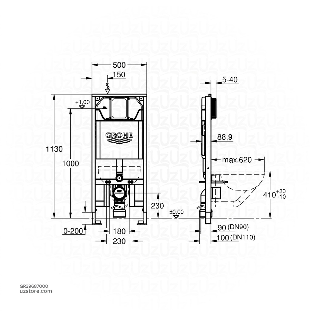 GROHE Rapid SL Slim Element for WC with flushing cistern 88.9 mm , 1.13 m installation height , 39687000 , 
