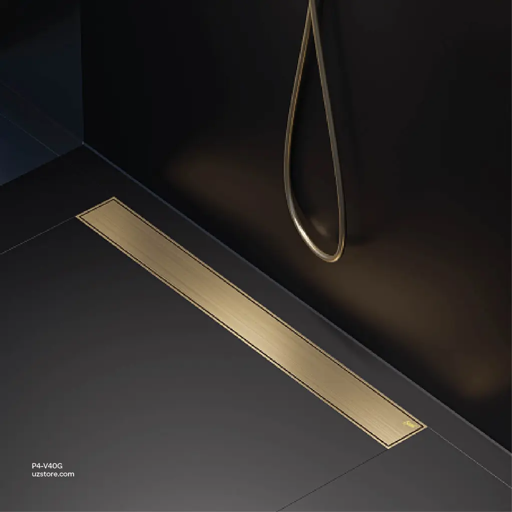 Uzstore Vlavu Linear Drainer (SUS304) – Outlet 50mm (2 Inch), Drainage Accessory, 55×400mm, Brushed Gold  P4-V40G-04.webp