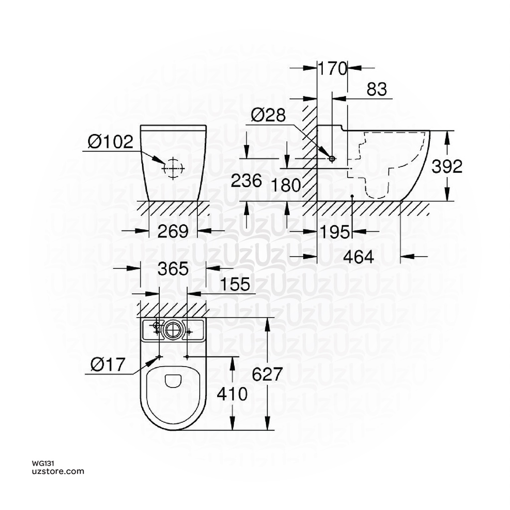 GROHE BAU CERAMIC FLOOR STANDING WC (3 in 1 Riml hor.outl + Ceramic Cistern + seat soft close slim)
