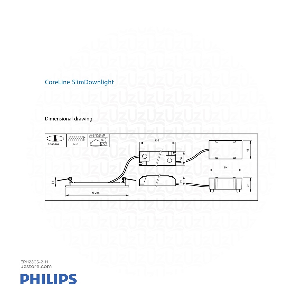 Philips CoreLine SlimDownlight DN145B LED20S/840 PSU II WH  21 W, D205 mm, 2100 lumen, 4000K, Opal, IP20/44 Half white 911401806280