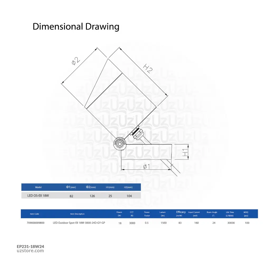 Uzstore OPPLE LED Outdoor Spot-EII 18W-3000-24D-GY-GP Warm White 709000009800  EP231-18W24-02.webp