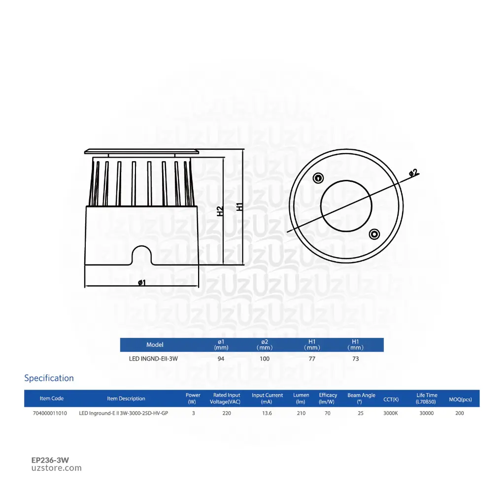 Uzstore OPPLE LED Inground-E II 3W-3000-25D-HV-GP Warm white 704000011010  EP236-3W-02.webp