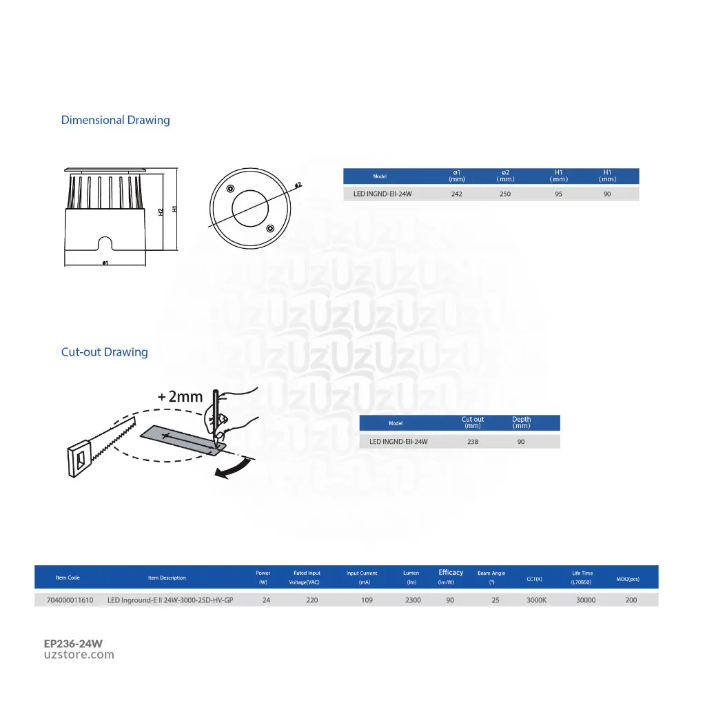 Uzstore OPPLE LED Inground-E II 24W-3000-25D-HV-GP Warm white 704000011610  EP236-24W-02.webp