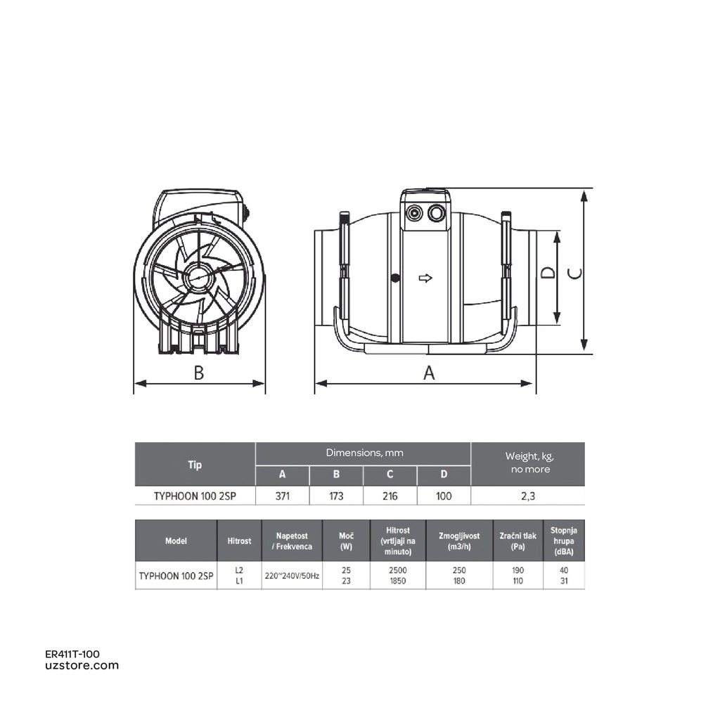 In line mixerd flow Axial duct fan ERA TYPHOON 100 2SP Made in Russia 