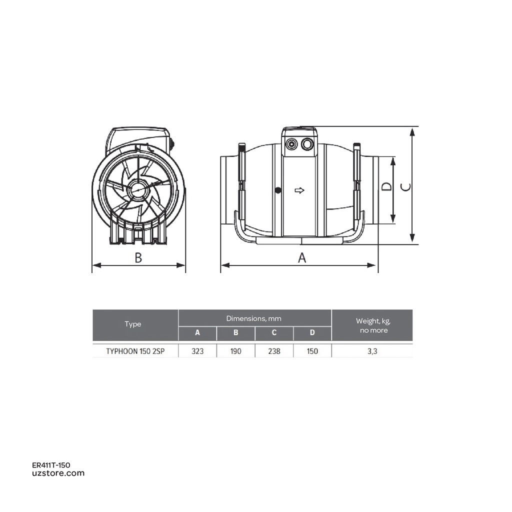 In line mixerd flow Axial duct fan ERA TYPHOON 150/160 2SP Made in Russia