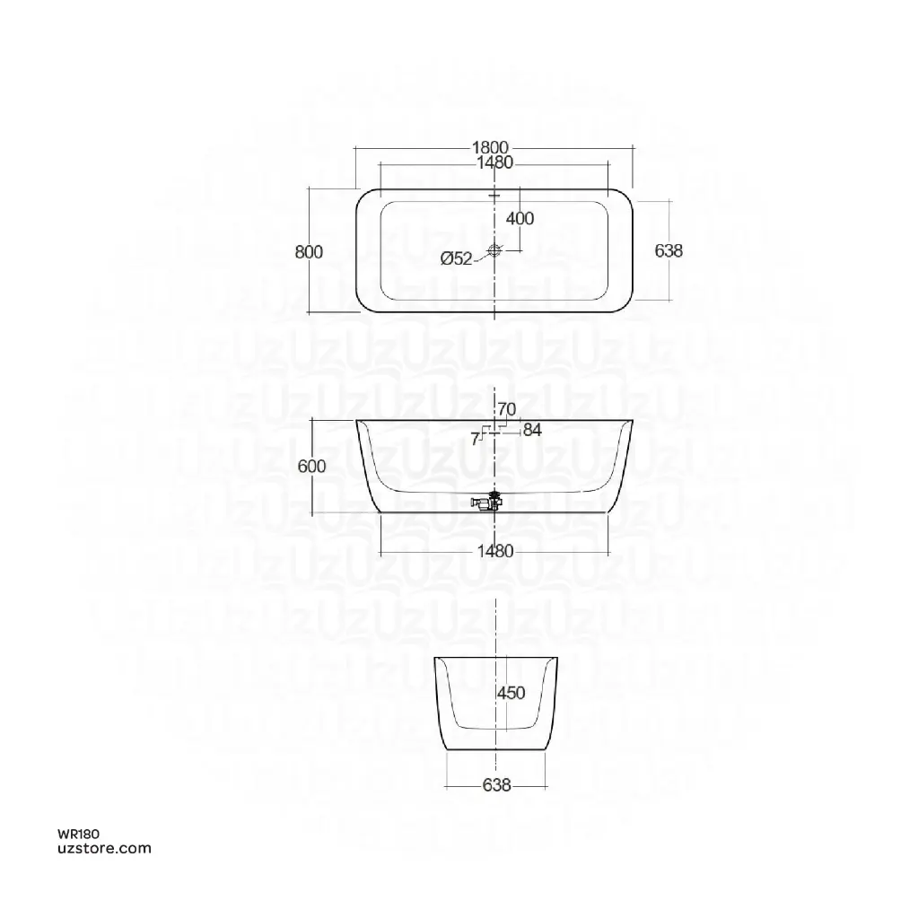Uzstore RAK Ceramic CONTOUR ROUNDED RECTANGLE FREESTANDING Bathtub (Acrylic) 800x1800MM CONBT318080AWHA WR180-02.webp