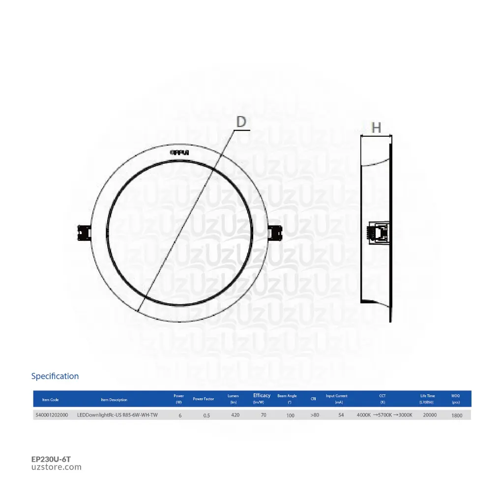 Uzstore OPPLE LED US Down Light Three Color  RC-US R85 6W WH-TW, 3000K-5700K, 540001202000  EP230U-6T-02.webp