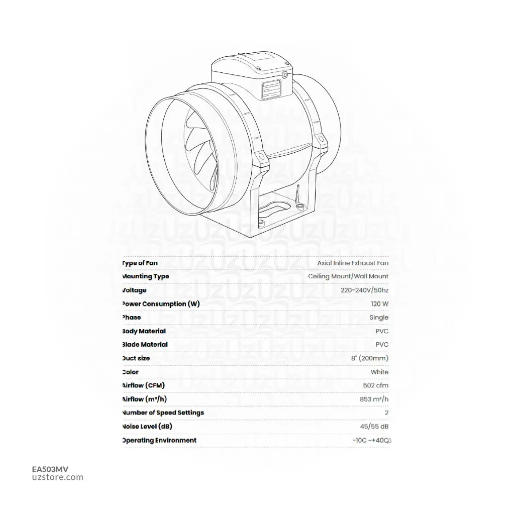 Uzstore  ADMORE 8 Inch  120W Mixflow Inline Fan- AMV200 EA503MV-02.webp