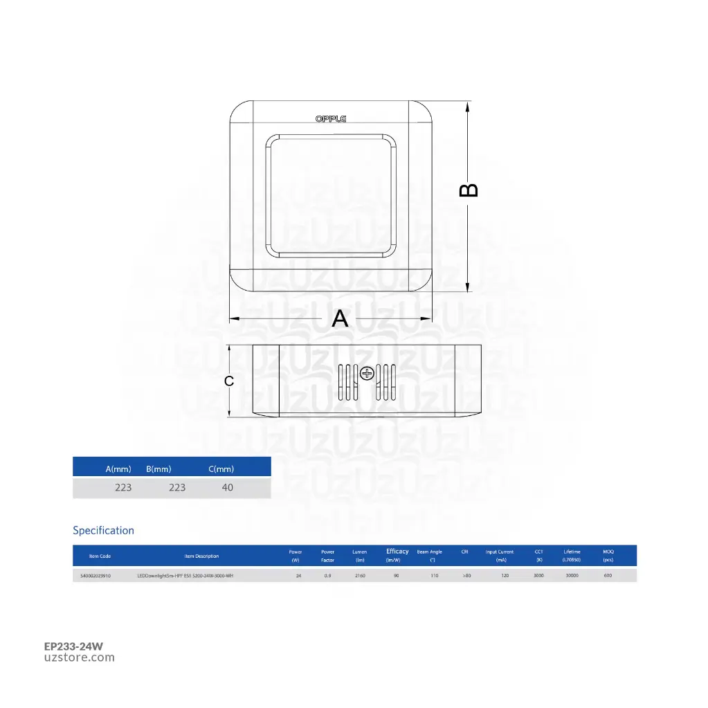 Uzstore  OPPLE LED Slim Surface Light Square Sm-ESII S200-24W-3000K-WH-NV , Warm White EP233-24W-02.webp