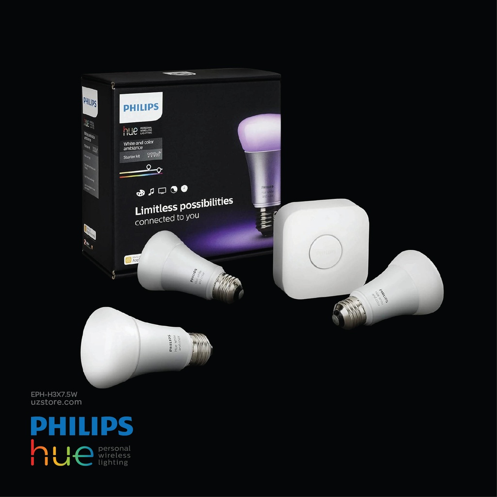 PHILIPS Hue Uae White & Color Ambiance LED Smart Bulb Starter Kit (3 Bulbs & Bridge ) , 9290024896