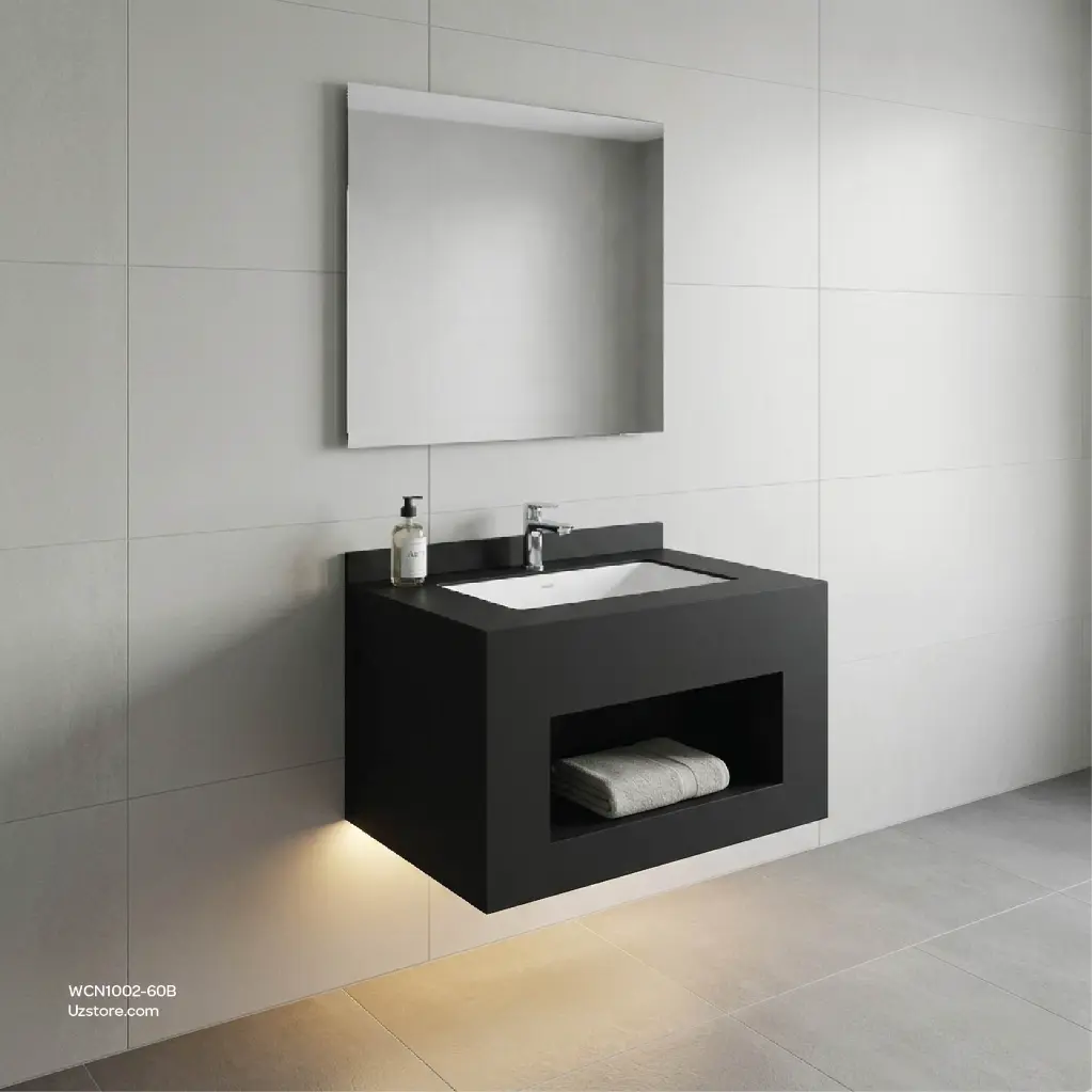 Uzstore  Ceramic Wash Basin Rock Slate Glossy Finishing without lighting LED mirror, Black Color, Cabinet Size 600x500x400, Mirror Size 500x600, AP2006-60 WCN1002-60B-21.webp