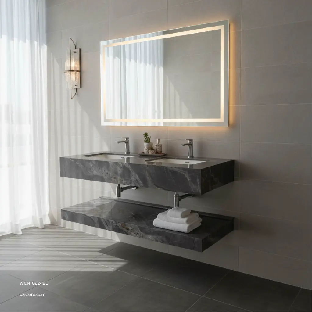Uzstore Seamless Round Wash Basin Double Layers LED Mirror, Gloosy Grey Color, Cabinet Size 1200x500x150, Mirror  AP1013-120 WCN1022-120-10.webp