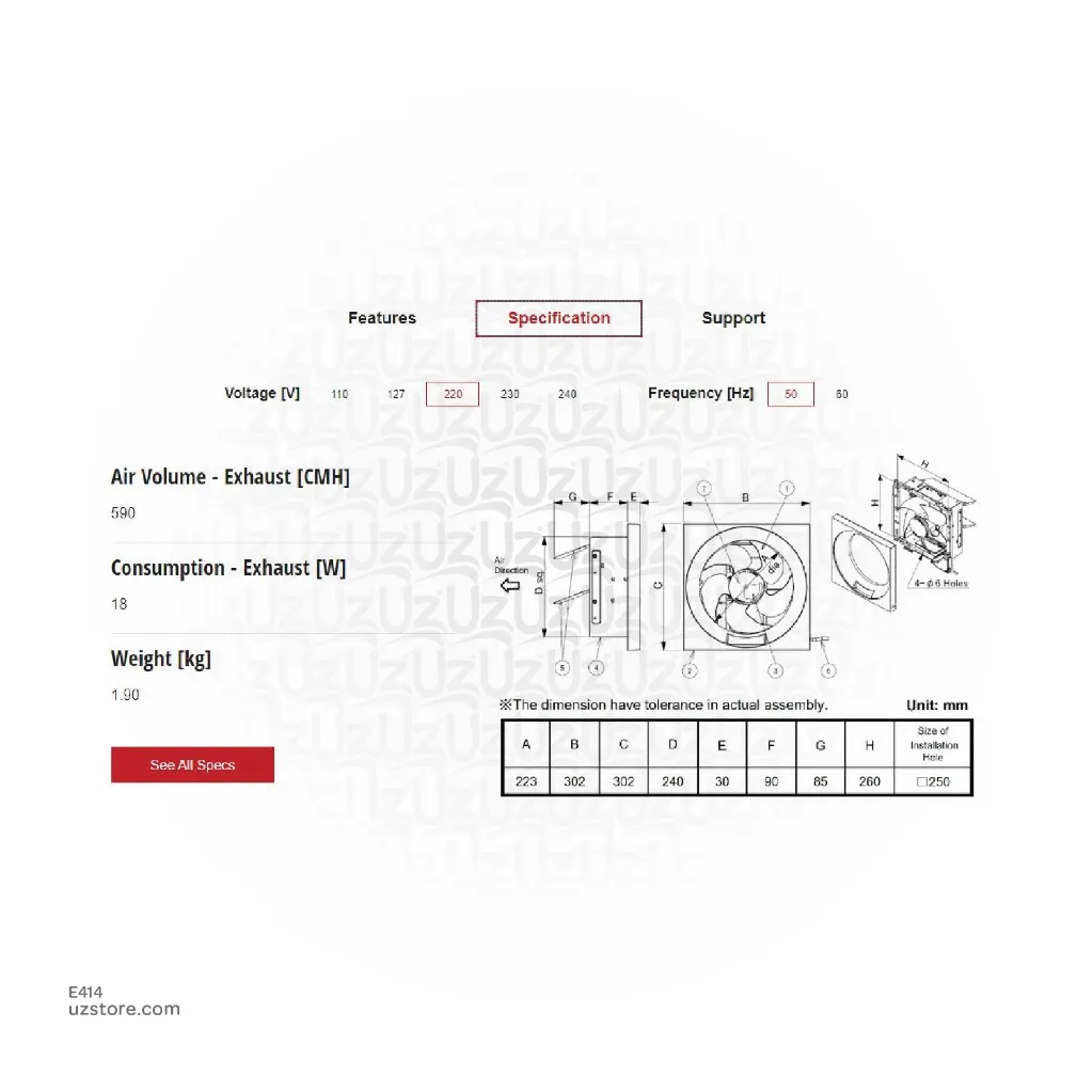 Uzstore KDK EXAUST FAN 8 Inch SQ 20 20AUA AUHT  E414-02.webp