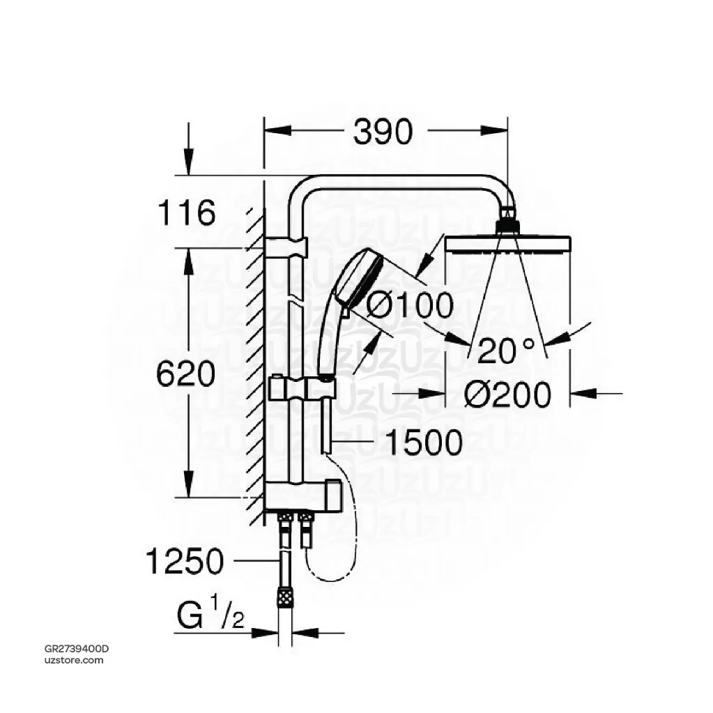 Uzstore  GROHE Tempesta Cosmopolitan System 200 Shower system with diverter for wall mounting , 2739400D , chrome GR2739400D-02.webp