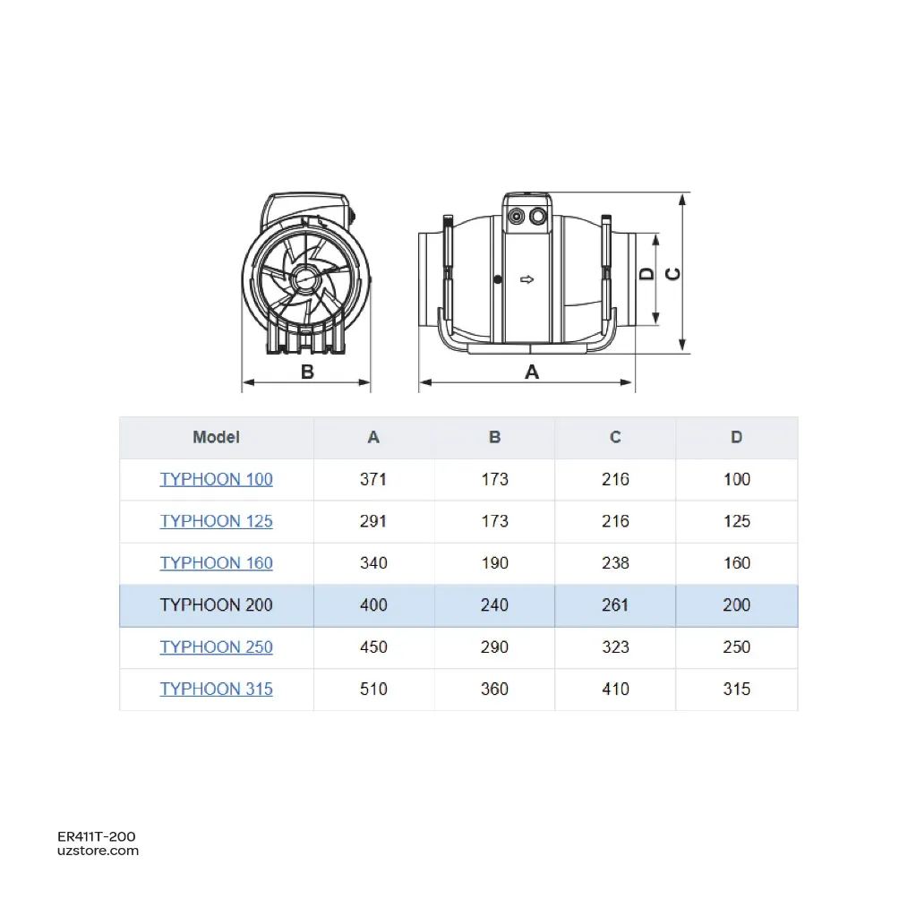 Uzstore  In line Mixerd flow Axial duct fan ERA TYPHOON 200 2SP 8'' Made in Russia ER411T-200-04.webp