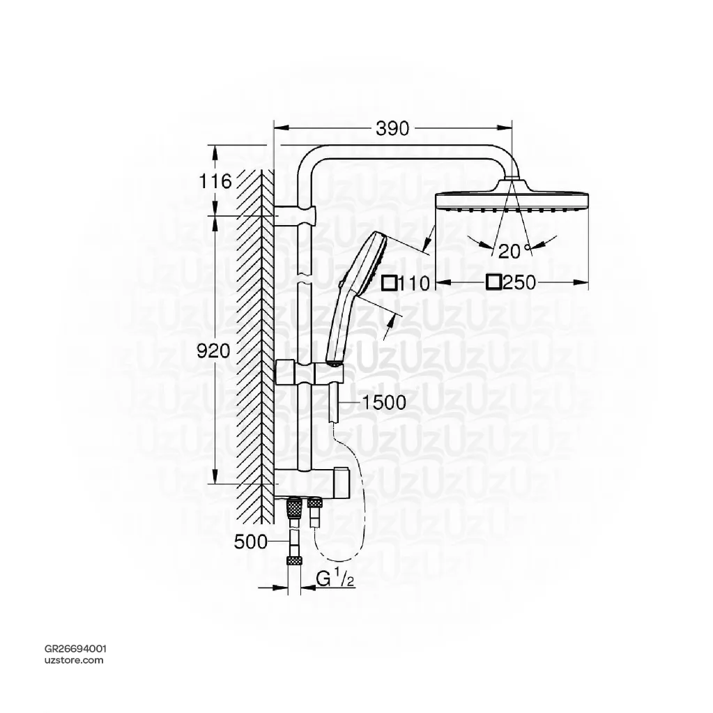 Uzstore  GROHE Tempesta System 250 Cube Shower system with diverter for wall mounting , 26694001 , chrome GR26694001-02.webp