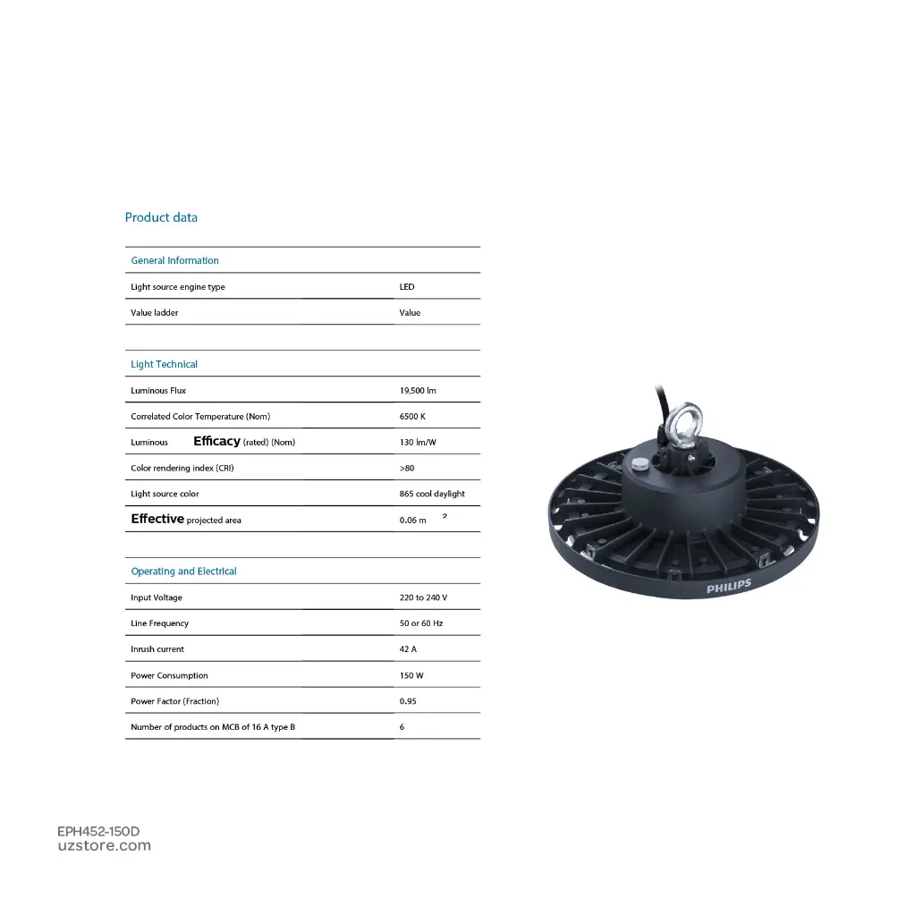 Uzstore PHILIPS Smart Bright Highbay BY239P LED195 CW PSU GM G2  150W 6500K Daylight 911401640307 EPH452-150D-03-05.webp