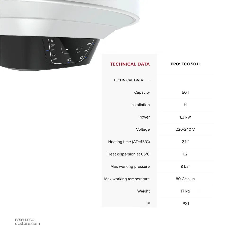 Uzstore ARISTON ECO Electric Water Heater 50 Ltr Horizontal, 1.2 kW, 230 V, PRO1 ECO 50 H, Made in Italy, 4015137 E256H-ECO-02.webp