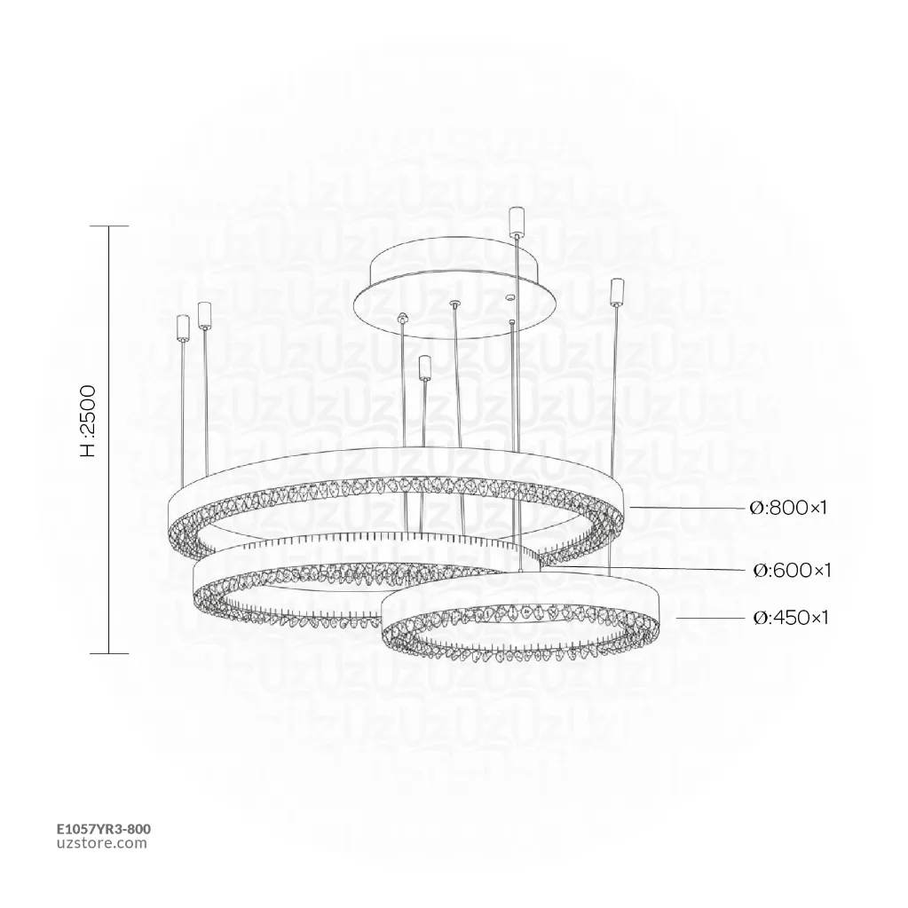 Uzstore OPTARA Pendant Light - Ø 450×1, 800×1 , 600×1 Split H2500mm, 3000K, Stainless steel+Crystal, Mirror black 22830-45+60+80 E1057YR3-800-02.webp