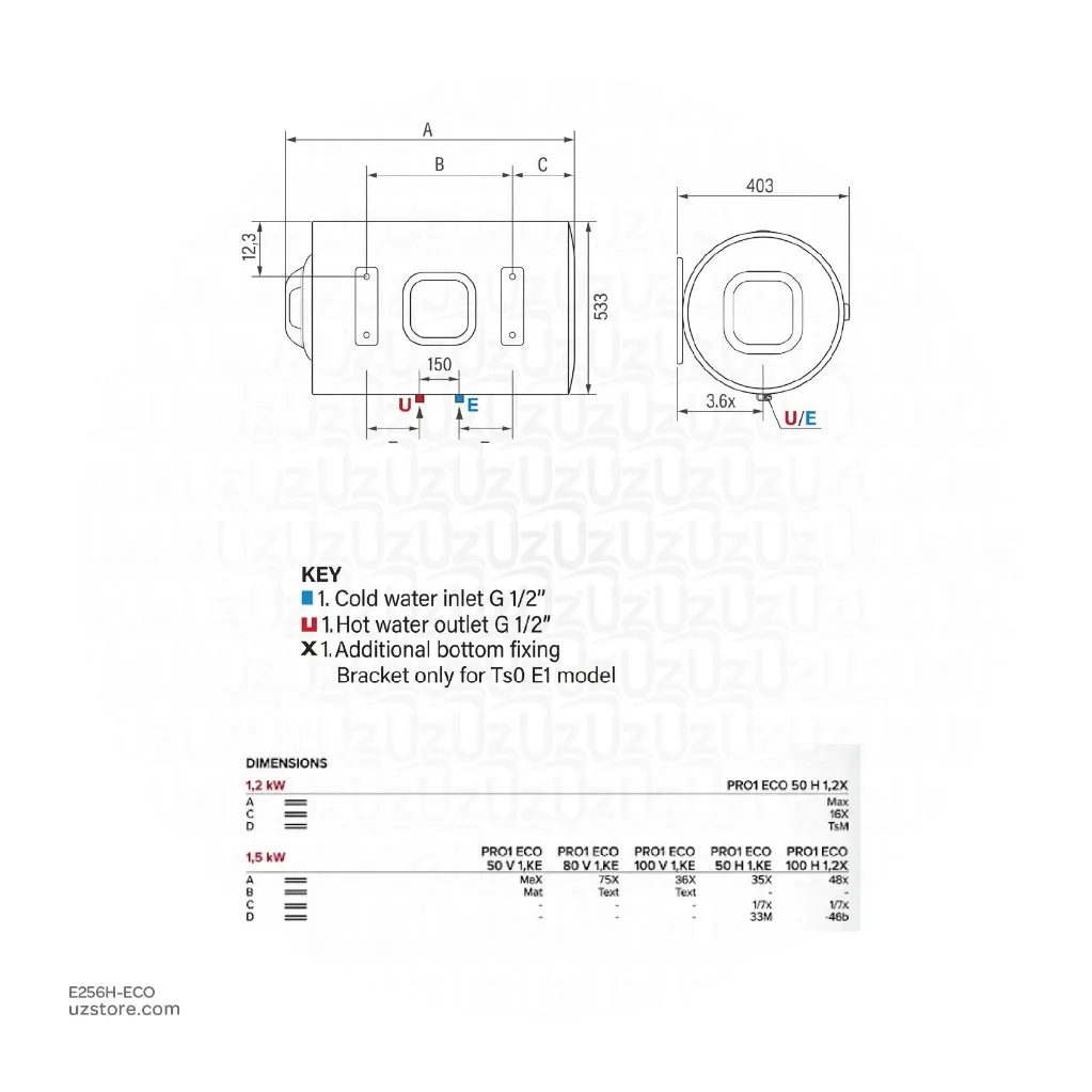 Uzstore ARISTON ECO Electric Water Heater 50 Ltr Horizontal, 1.2 kW, 230 V, PRO1 ECO 50 H, Made in Italy, 4015137 E256H-ECO-04-05.webp