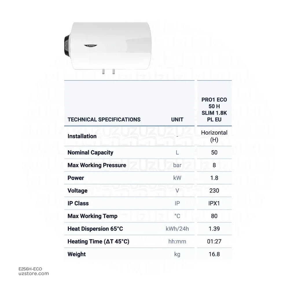 Uzstore ARISTON ECO Electric Water Heater 50 Ltr Horizontal, 1.2 kW, 230 V, PRO1 ECO 50 H, Made in Italy, 4015137 E256H-ECO-04-02.webp