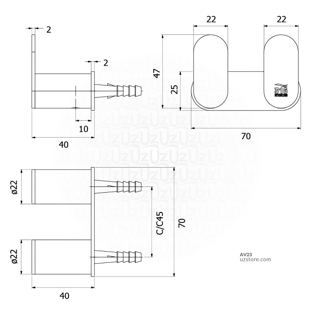 VRH - Towel Hook FBVHR-V102BS Riviera SUS316