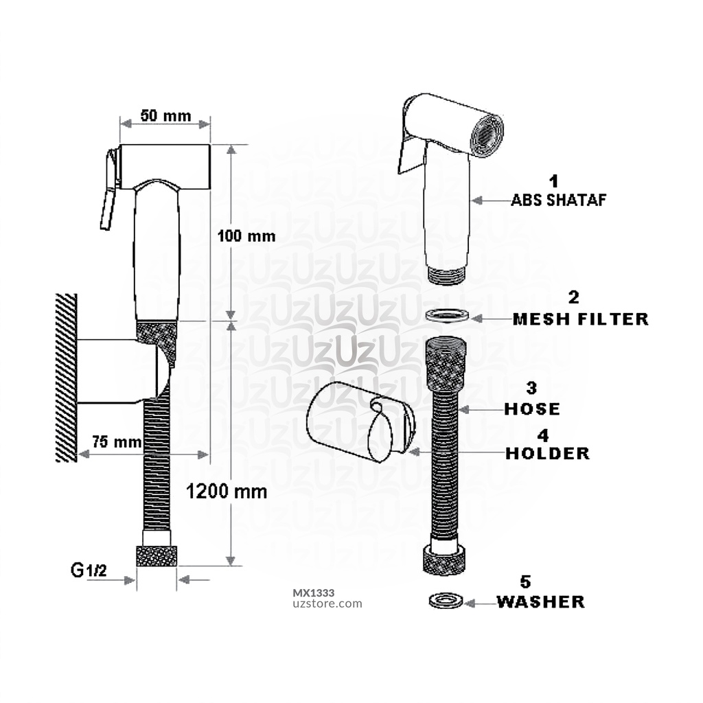 ABS CHROME SHATAFF WITH SUPREME HOSE AND WALL HOLDER RAK32007