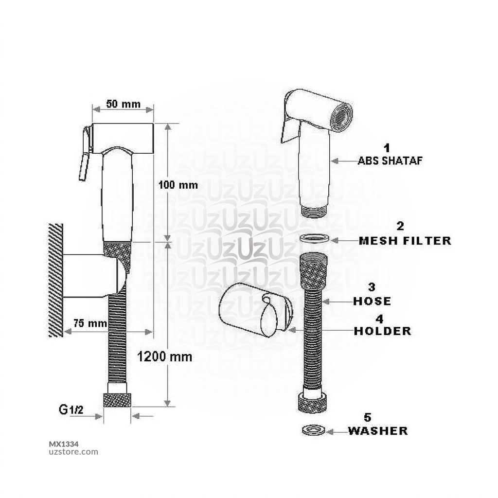 A B S WHITE SHATTAF - WITH SUPREME HOSE &  WALL HOLDER RAK32009-09