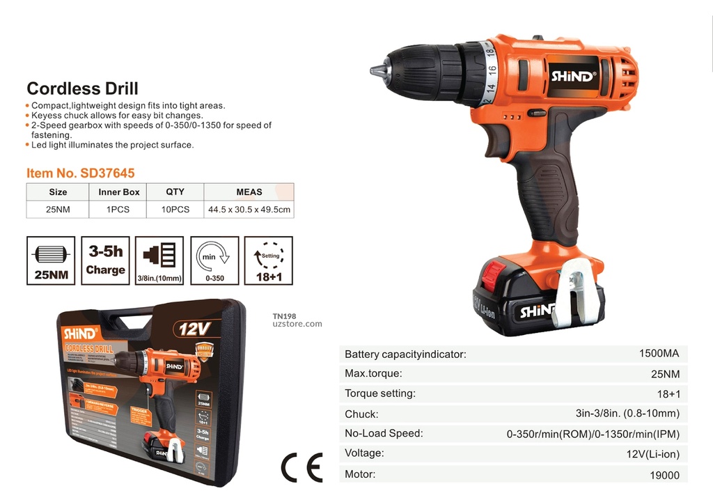 Shind - CD5813 Cordless Hand Drill/Electric Screwdriver 37645