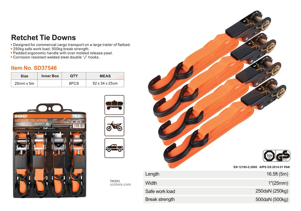 Shind - 4pcs ratchet tensioner with 2 S hooks 25m*5m 37546