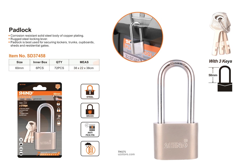 Shind - 60MM long beam matt rounded lock 37458